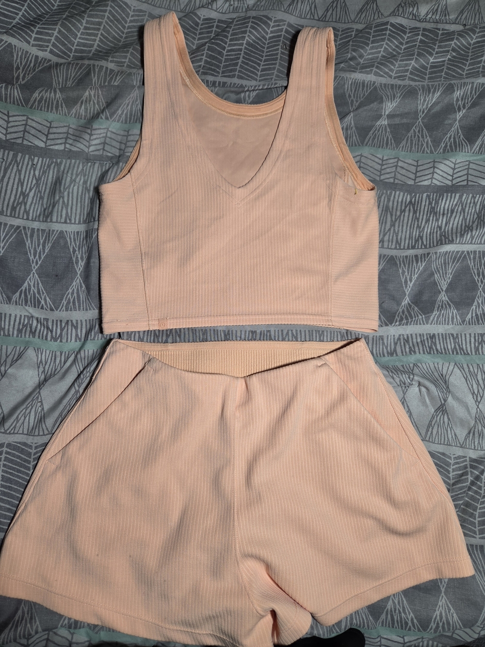 lululemon Soft Peach Ribbed Stretch 2-Piece Tank & Shorts Set
